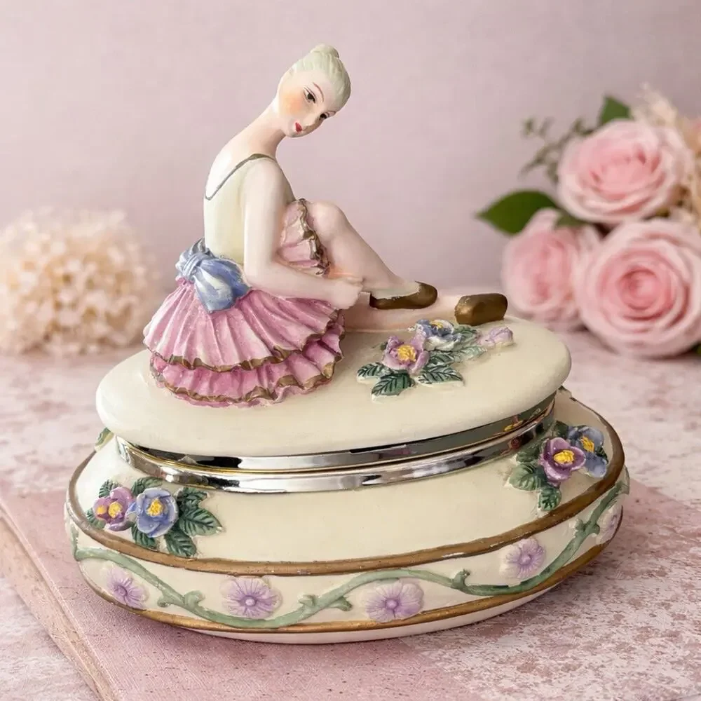Vintage Ballerina Girl Trinket Box Jewelry Porcelain Floral Cottage Vanity MCM
